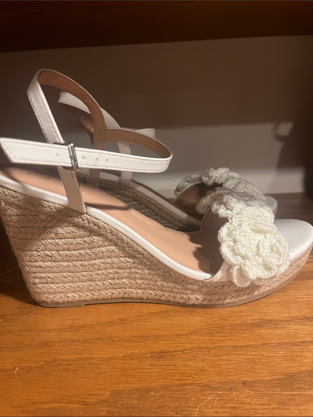 Time and Tru White Crochet Flower Espadrille Wedges